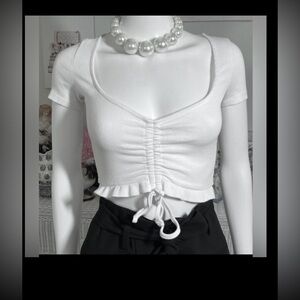 Zara Crop Top Cotton Ribbed Knit Corded Tieback details in white color Size S